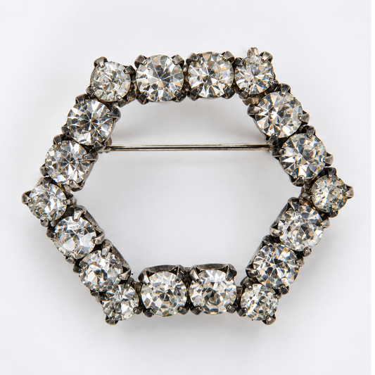 Vintage 1970s Silver-Tone Clear Rhinestone Hexagon Brooch Geometric Open Frame