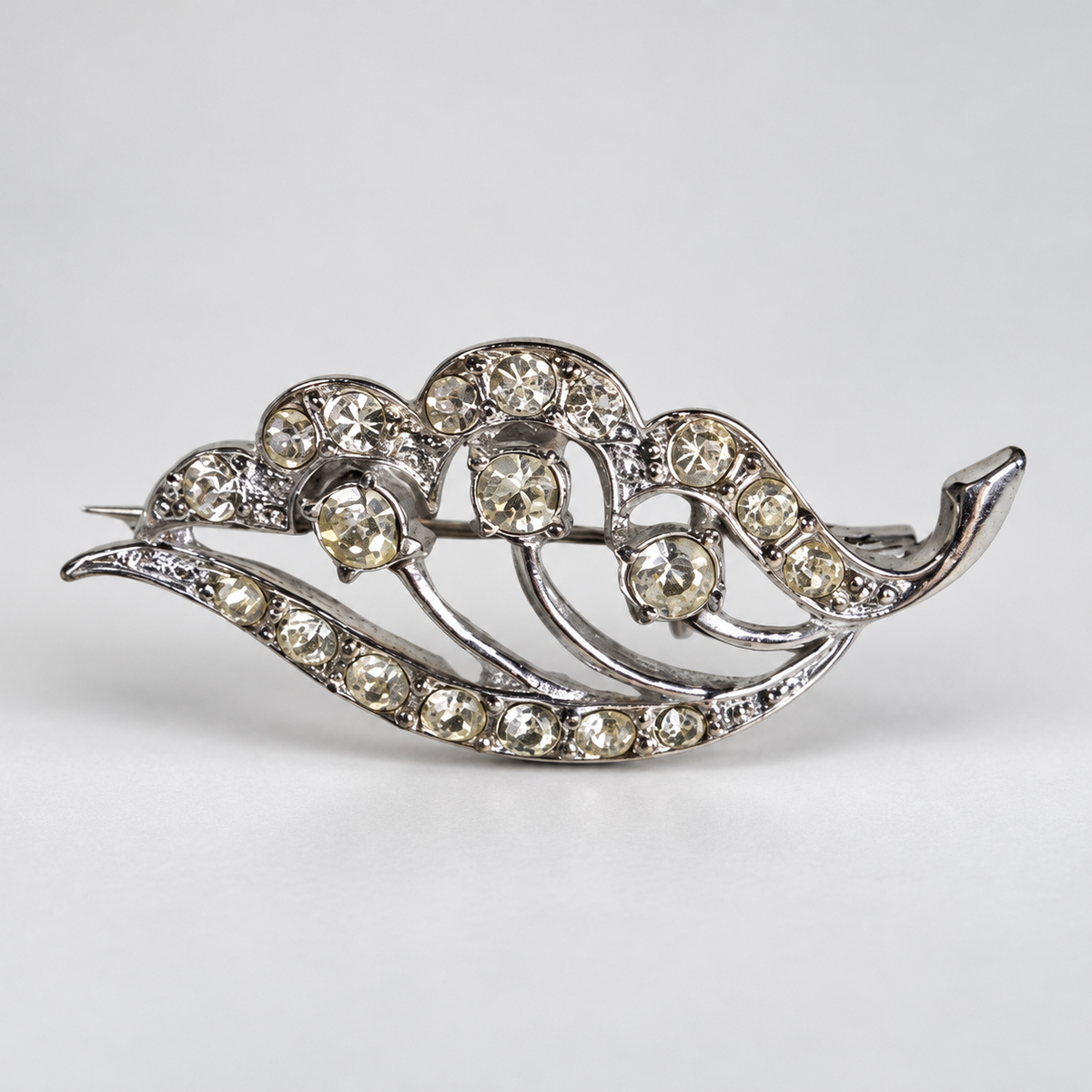 Vintage Silver-Tone Leaf Brooch Rhinestone Floral Pin Mid Century Silver