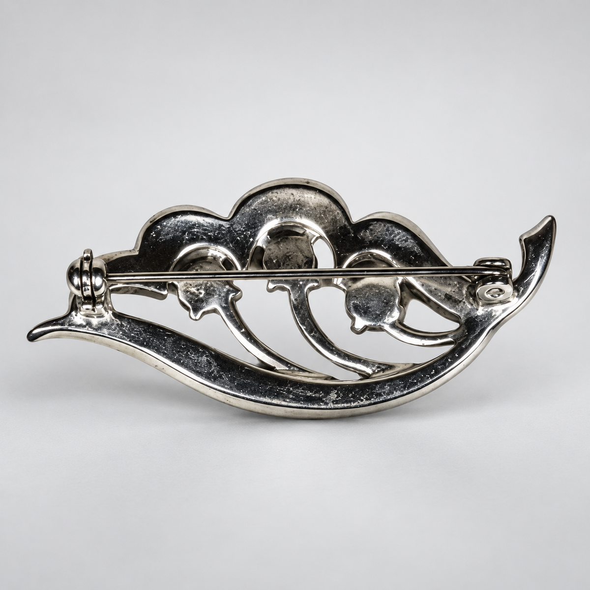 Vintage Silver-Tone Leaf Brooch Rhinestone Floral Pin Mid Century Silver