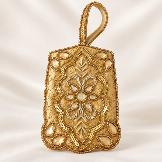 Gold beaded sequin embroidered wristlet pouch, front view