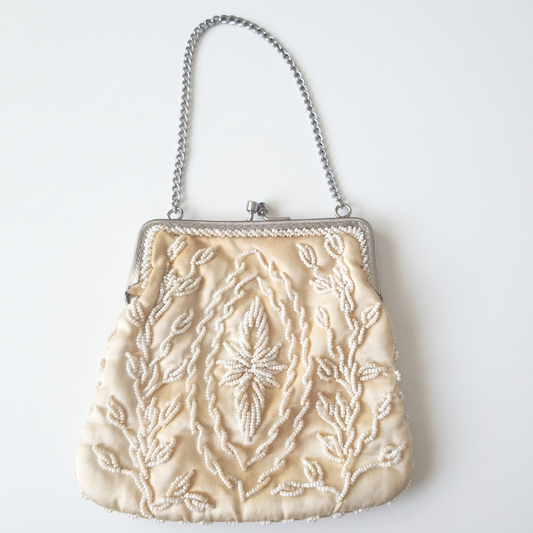 Vintage 1950s Cream Beaded Evening Clutch Floral Silver-Tone Frame Chain Handle