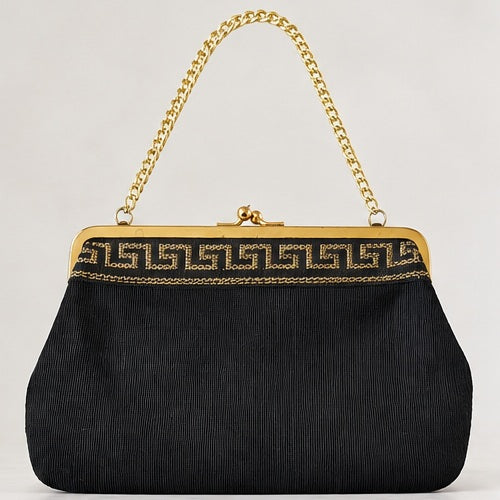 Vintage black Greek key evening bag, front studio view