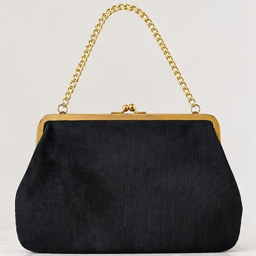 Vintage black evening bag, back studio view