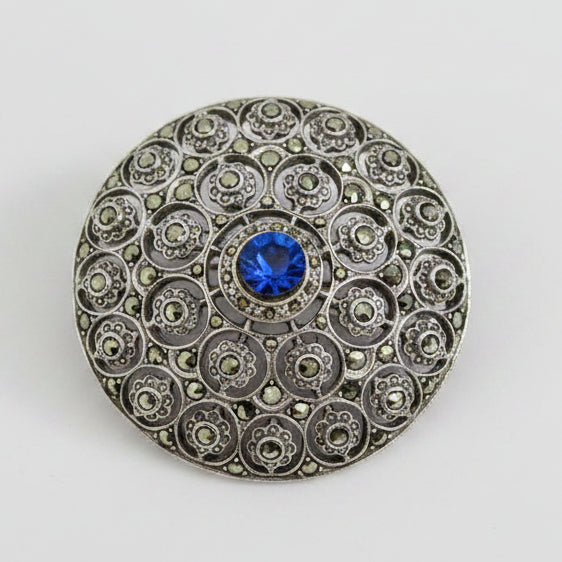 Silver-Tone Filigree Disc Brooch, Blue Aurora Borealis Rhinestone, Circular Scroll Lapel Pin, Vintage Costume Jewelry, 1960s 1970s