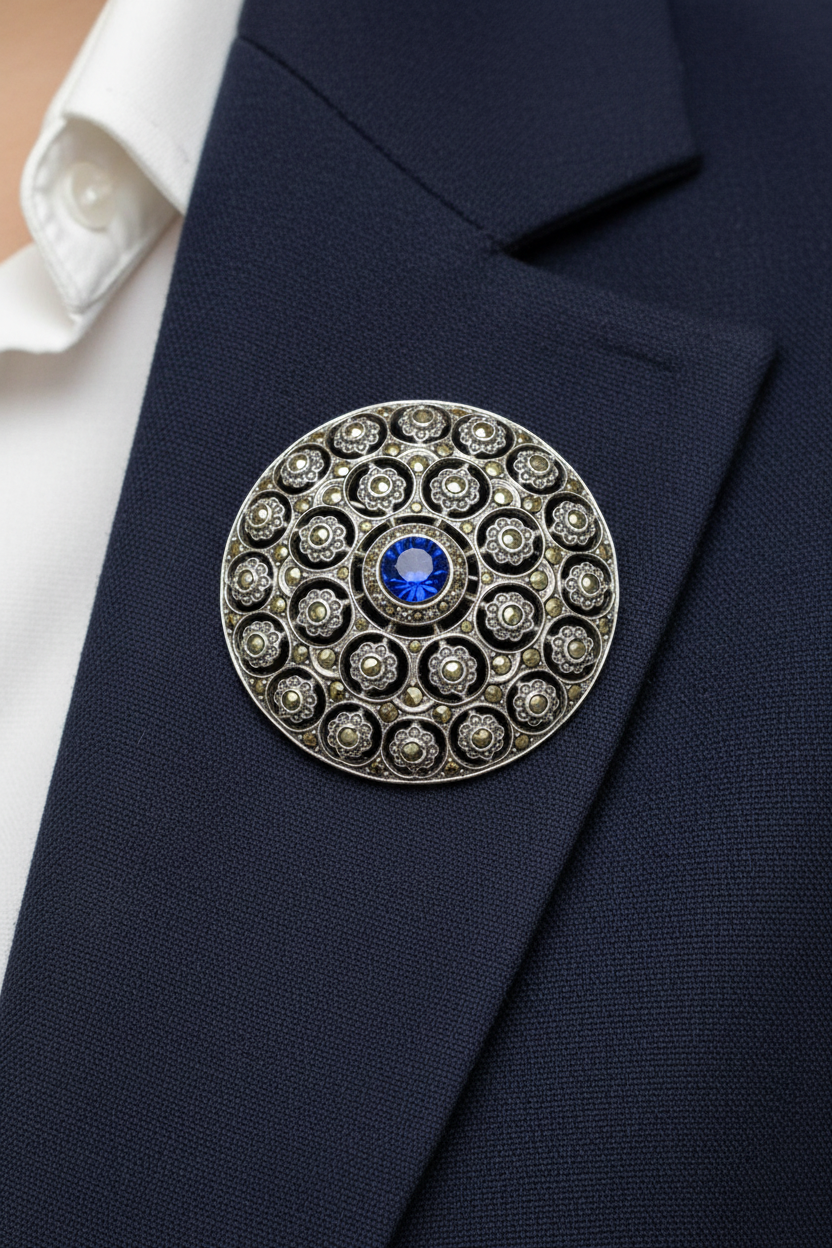 Vintage 1950s Silver-Tone Brooch Blue Rhinestone Circular Geometric Mid Century