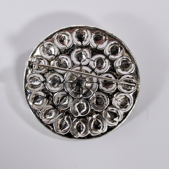 Silver-Tone Filigree Disc Brooch, Blue Aurora Borealis Rhinestone, Circular Scroll Lapel Pin, Vintage Costume Jewelry, 1960s 1970s – photo 2