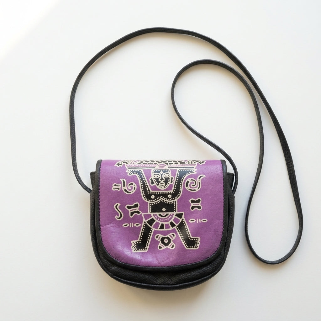 Vintage 1990s Black Leather Crossbody Bag Purple Flap Printed Figure Saddle Bag, studio front view