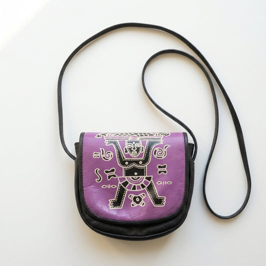Vintage 1990s Black Leather Crossbody Bag Purple Flap Printed Figure Saddle Bag, studio front view