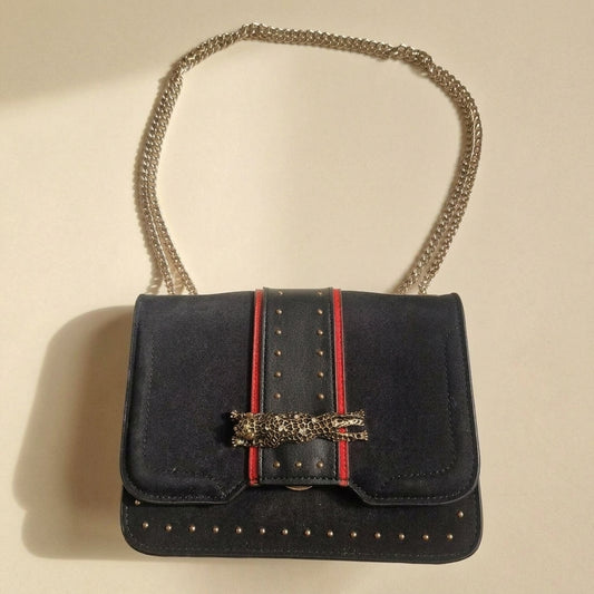 Vintage-Style Black Gold-Tone Chain Shoulder Bag Red Trim Studs Leopard Ornament, studio photo