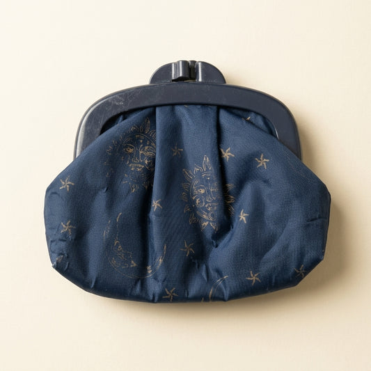 Vintage 1990s Navy Fabric Coin Purse Celestial Sun Moon Stars Dark Clasp Frame, studio photo