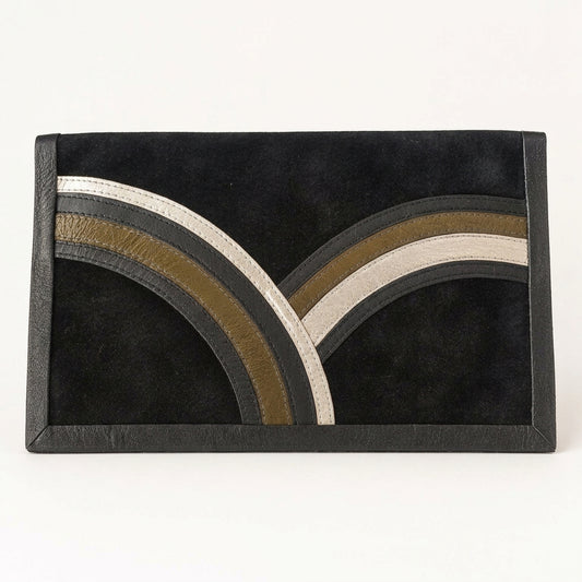 Vintage 1980s Black Suede Fold-Over Clutch Cream Olive Stitched Abstract Bands, studio photo