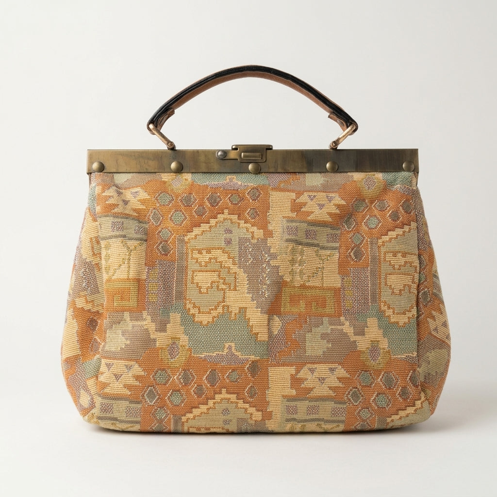 Vintage St Michael 1970s Orange Tapestry Frame Handbag Kilim Geometric Strap, studio front view