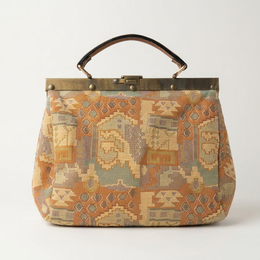 Vintage St Michael 1970s Orange Tapestry Frame Handbag Kilim Geometric Strap, studio front view