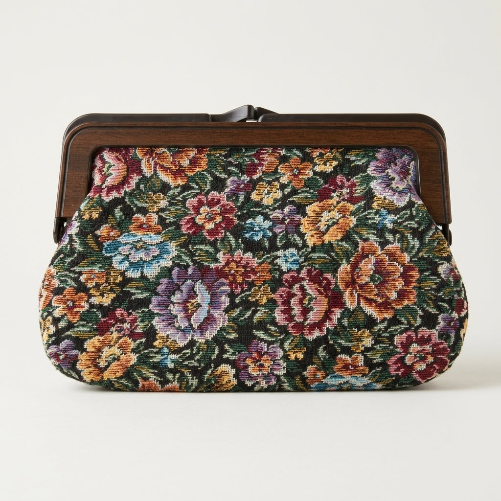 Vintage 1970s Black Floral Tapestry Clutch Bag Wood-Effect Frame Roses Purse, studio front view