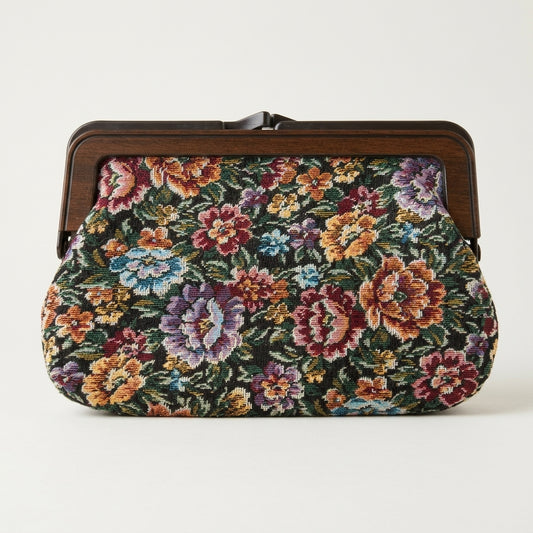 Vintage 1970s Black Floral Tapestry Clutch Bag Wood-Effect Frame Roses Purse, studio front view