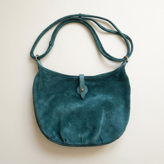 Vintage 1970s Teal Suede Hobo Shoulder Bag Brass-Tone D-Ring Leather Tab Stud, studio front view