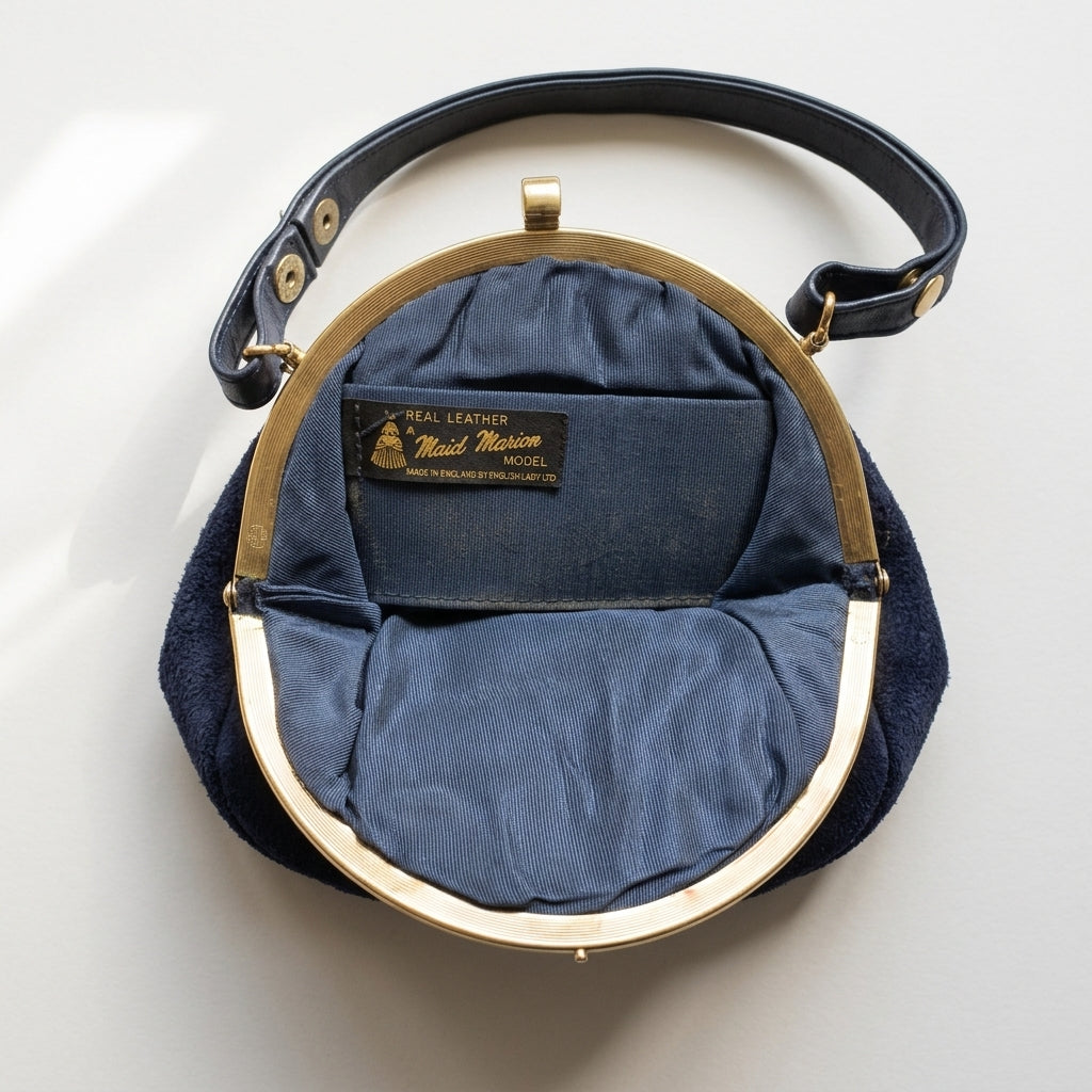 Vintage Maid Marion 1960s Navy Suede Frame Handbag Gold-Tone Ribbed Top Handle, studio front view