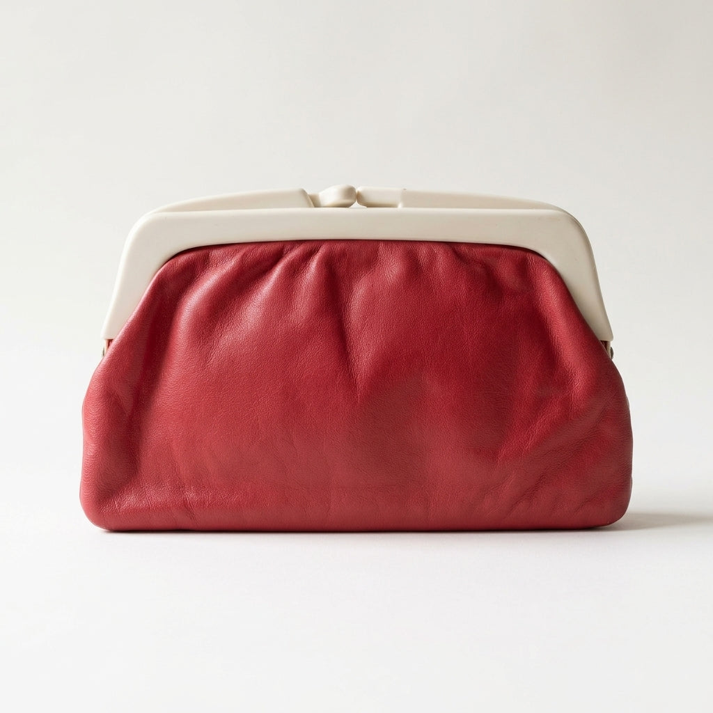 Vintage 1970s Red Frame Clutch Bag Italian Cream Plastic Frame Knob Clasp Pouch, studio front view