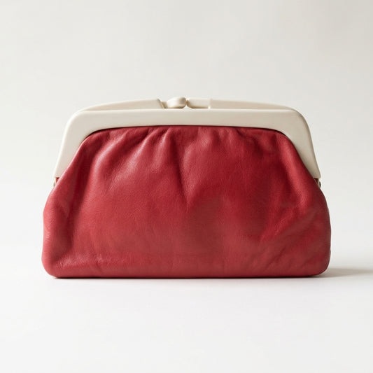 Vintage 1970s Red Frame Clutch Bag Italian Cream Plastic Frame Knob Clasp Pouch, studio front view