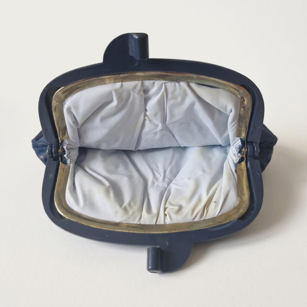 Vintage 1990s Navy Fabric Coin Purse Celestial Sun Moon Stars Dark Clasp Frame, studio photo