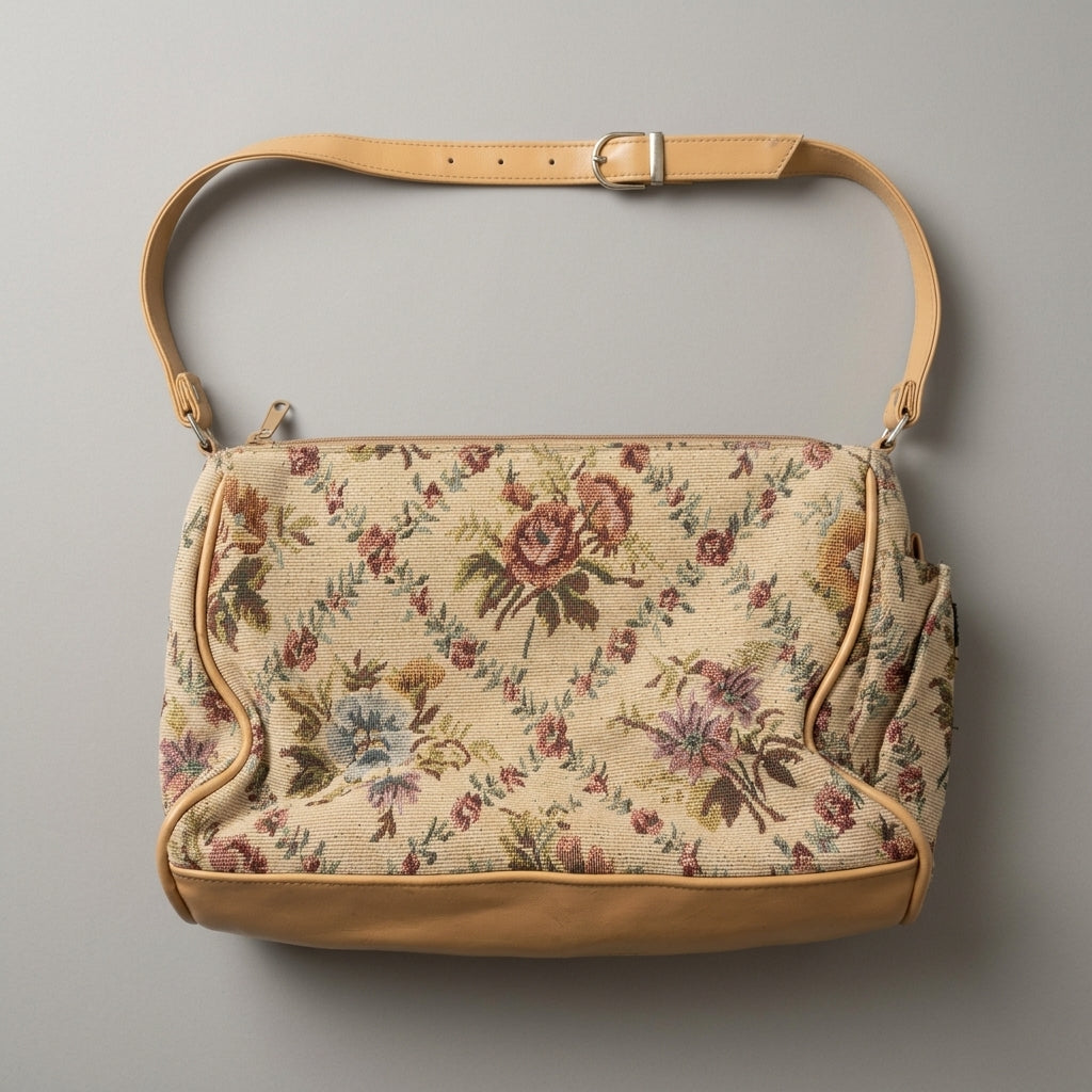Vintage 1980s Cream Floral Tapestry Shoulder Bag Tan Trim Zip Top Rose Pattern, studio front view