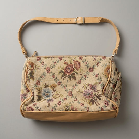 Vintage 1980s Cream Floral Tapestry Shoulder Bag Tan Trim Zip Top Rose Pattern, studio front view