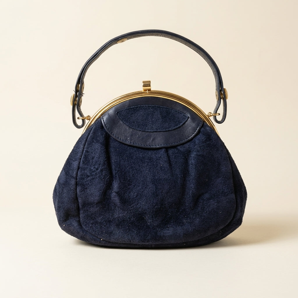 Vintage Maid Marion 1960s Navy Suede Frame Handbag Gold-Tone Ribbed Top Handle, studio front view