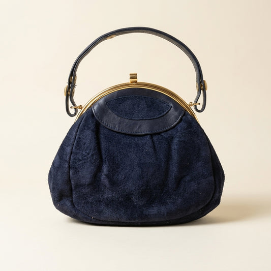 Vintage Maid Marion 1960s Navy Suede Frame Handbag Gold-Tone Ribbed Top Handle, studio front view