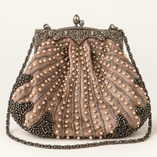 Tie Rack women's taupe satin beaded pearl evening bag with ornate silver-tone frame and chain