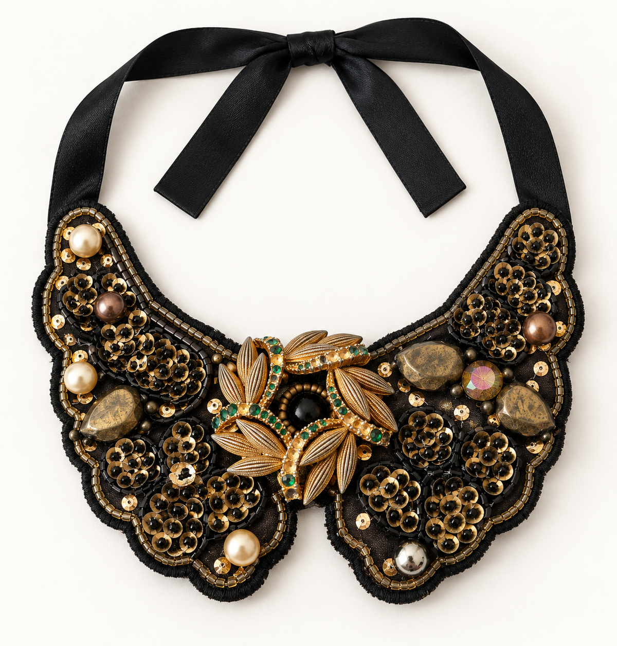 Vintage women's black and gold embellished bib statement necklace with ribbon tie
