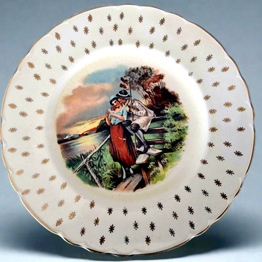 Mid-Century Royal Staffordshire Decorative Plate, A.J. Wilkinson Honeyglaze, Romantic Pastoral Scene, Vintage English China Pottery