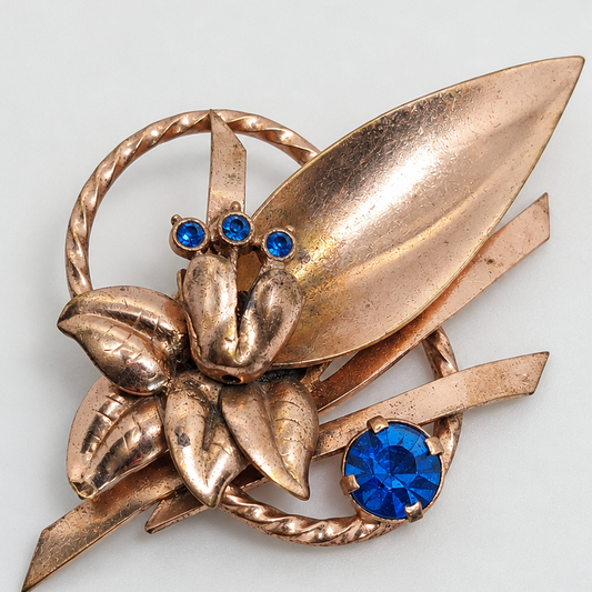 Vintage 1950s Copper-Tone Botanical Leaf Brooch Blue Glass Stone Floral Lapel