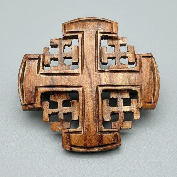 Vintage Wooden Jerusalem Cross Brooch, Carved Lattice Pin, Religious Geometric, Handcrafted Wood Jewellery